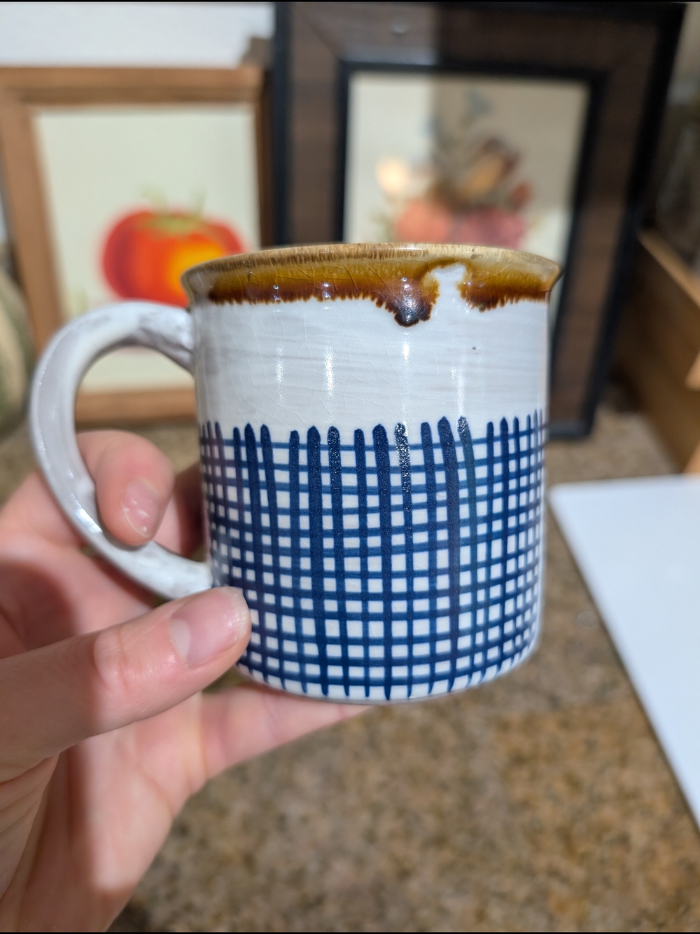 MCM Blue Check Ceramic Mug with Brown Glaze Accent